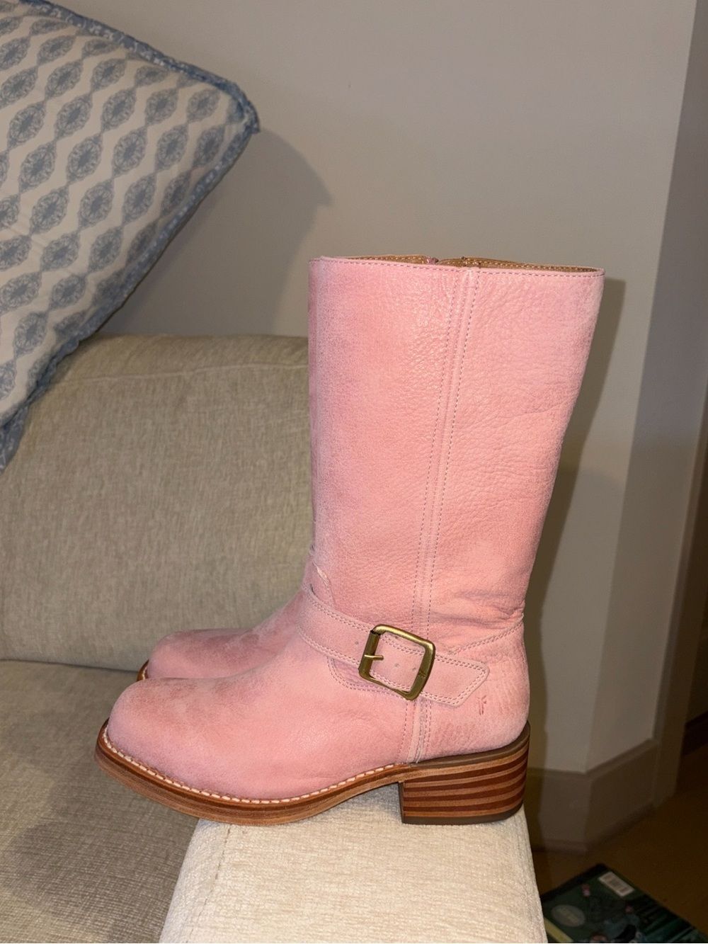 Frye Campus Buckle Boots Pink Heeled Leather Mid Calf Women’s Shoes Size 8 NEW - Picture 5 of 15